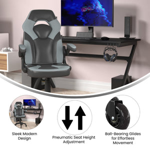English Elm X10 Gaming Chair Ergonomic Racing Office Chair with Flip-Up Arms, Transparent Roller Wheels & Adjustable Height Gray CH-00095-GY-RLB-GG
