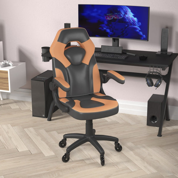 English Elm X10 Gaming Chair Ergonomic Racing Office Chair with Flip-Up Arms, Transparent Roller Wheels & Adjustable Height Orange CH-00095-OR-RLB-GG