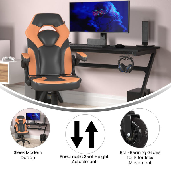 English Elm X10 Gaming Chair Ergonomic Racing Office Chair with Flip-Up Arms, Transparent Roller Wheels & Adjustable Height Orange CH-00095-OR-RLB-GG