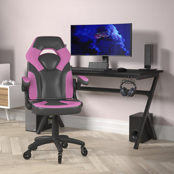 English Elm X10 Gaming Chair Ergonomic Racing Office Chair with Flip-Up Arms, Transparent Roller Wheels & Adjustable Height Pink CH-00095-PK-RLB-GG