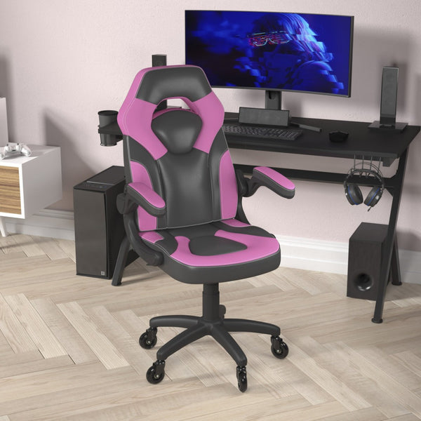 English Elm X10 Gaming Chair Ergonomic Racing Office Chair with Flip-Up Arms, Transparent Roller Wheels & Adjustable Height Pink CH-00095-PK-RLB-GG