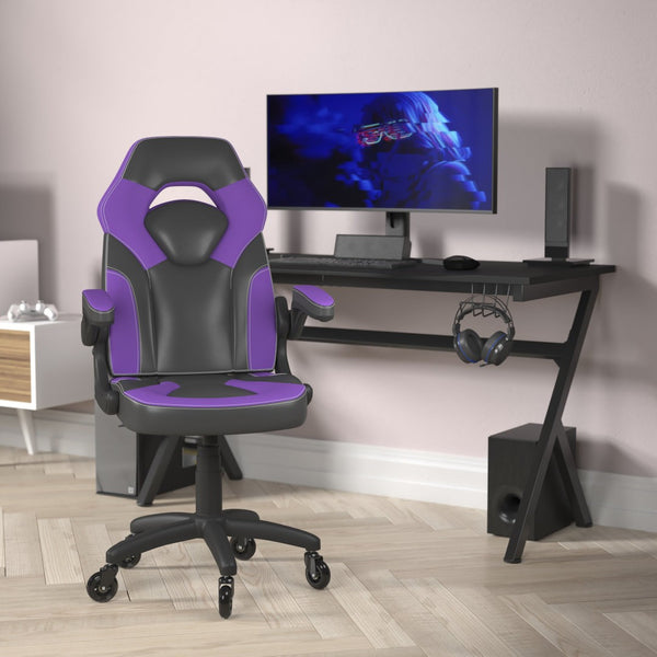 English Elm X10 Gaming Chair Ergonomic Racing Office Chair with Flip-Up Arms, Transparent Roller Wheels & Adjustable Height Purple CH-00095-PR-RLB-GG