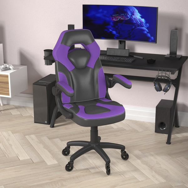 English Elm X10 Gaming Chair Ergonomic Racing Office Chair with Flip-Up Arms, Transparent Roller Wheels & Adjustable Height Purple CH-00095-PR-RLB-GG