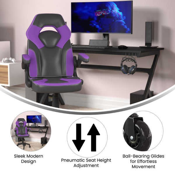 English Elm X10 Gaming Chair Ergonomic Racing Office Chair with Flip-Up Arms, Transparent Roller Wheels & Adjustable Height Purple CH-00095-PR-RLB-GG