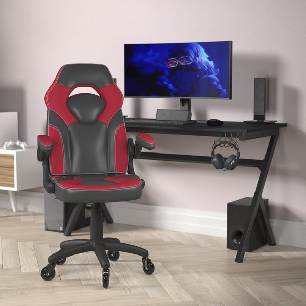 English Elm X10 Gaming Chair Ergonomic Racing Office Chair with Flip-Up Arms, Transparent Roller Wheels & Adjustable Height Red CH-00095-RED-RLB-GG