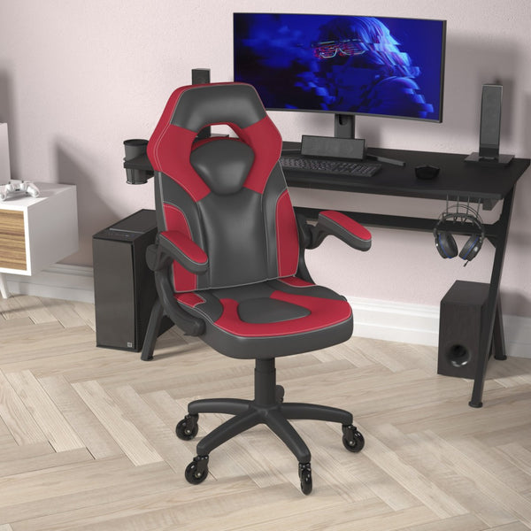 English Elm X10 Gaming Chair Ergonomic Racing Office Chair with Flip-Up Arms, Transparent Roller Wheels & Adjustable Height Red CH-00095-RED-RLB-GG