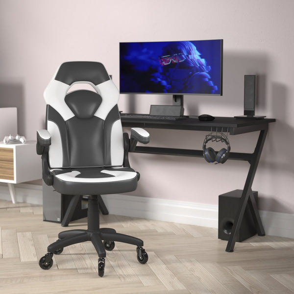 English Elm X10 Gaming Chair Ergonomic Racing Office Chair with Flip-Up Arms, Transparent Roller Wheels & Adjustable Height White CH-00095-WH-RLB-GG