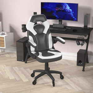 English Elm X10 Gaming Chair Ergonomic Racing Office Chair with Flip-Up Arms, Transparent Roller Wheels & Adjustable Height White CH-00095-WH-RLB-GG