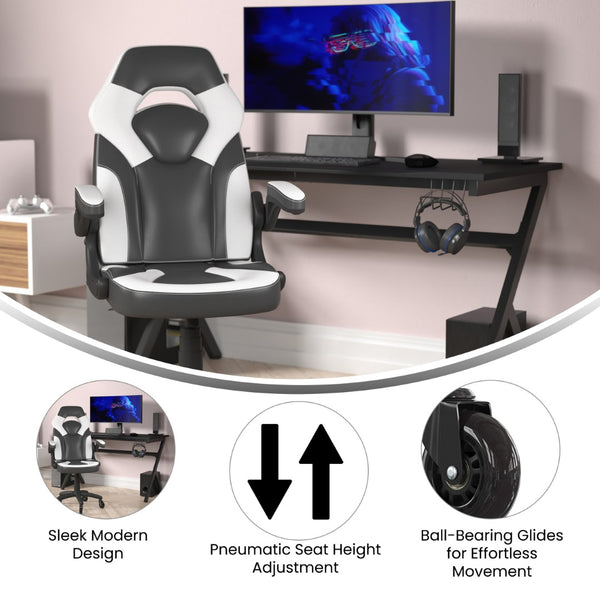 English Elm X10 Gaming Chair Ergonomic Racing Office Chair with Flip-Up Arms, Transparent Roller Wheels & Adjustable Height White CH-00095-WH-RLB-GG