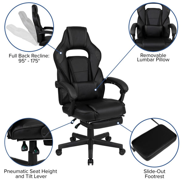 English Elm X40 Gaming Chair - Ergonomic Comfort with Reclining Design, Massaging Lumbar Support & Footrest Black CH-00288-BK-BK-GG