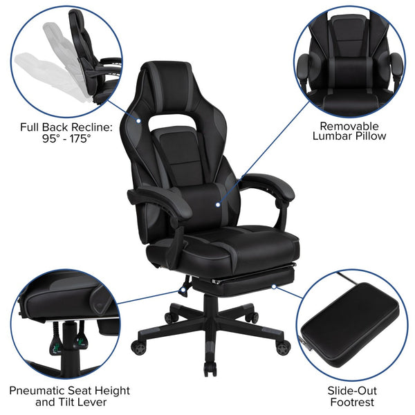 English Elm X40 Gaming Chair - Ergonomic Comfort with Reclining Design, Massaging Lumbar Support & Footrest Black with Gray Trim CH-00288-BK-GG