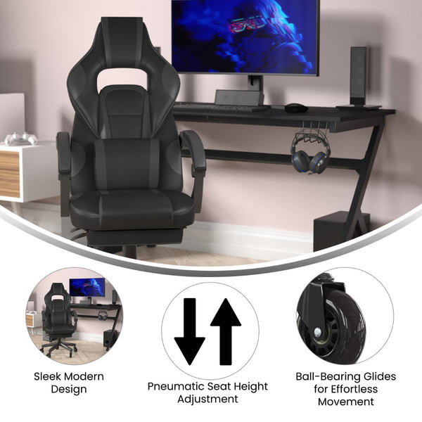 English Elm X40 Gaming Chair with Ergonomic Design, Fully Reclining Back, USB Massaging Pillow & Smooth Wheels Black with Gray Trim CH-00288-BK-RLB-GG