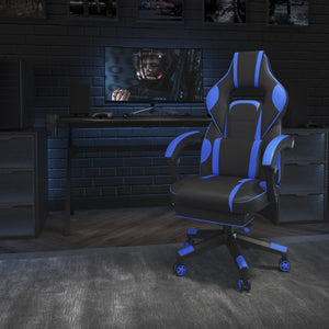 English Elm X40 Gaming Chair - Ergonomic Comfort with Reclining Design, Massaging Lumbar Support & Footrest Black with Blue Trim CH-00288-BL-GG