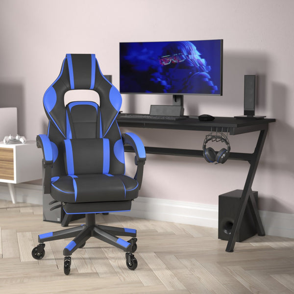 English Elm X40 Gaming Chair with Ergonomic Design, Fully Reclining Back, USB Massaging Pillow & Smooth Wheels Black with Blue Trim CH-00288-BL-RLB-GG