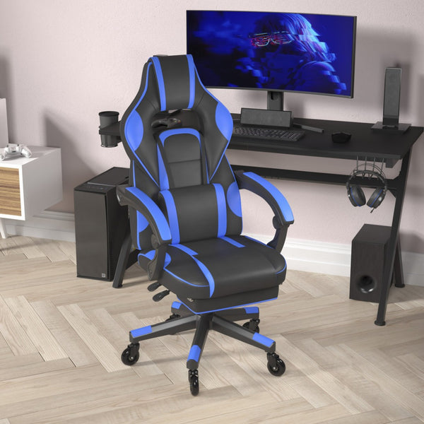 English Elm X40 Gaming Chair with Ergonomic Design, Fully Reclining Back, USB Massaging Pillow & Smooth Wheels Black with Blue Trim CH-00288-BL-RLB-GG