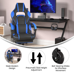 English Elm X40 Gaming Chair with Ergonomic Design, Fully Reclining Back, USB Massaging Pillow & Smooth Wheels Black with Blue Trim CH-00288-BL-RLB-GG