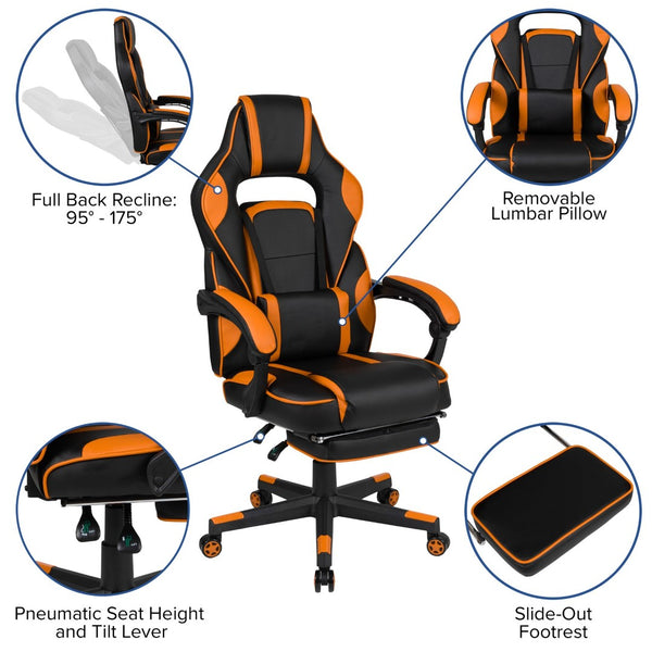 English Elm X40 Gaming Chair - Ergonomic Comfort with Reclining Design, Massaging Lumbar Support & Footrest Black with Orange Trim CH-00288-OR-GG