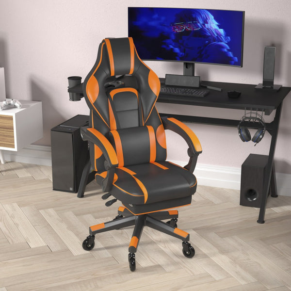 English Elm X40 Gaming Chair with Ergonomic Design, Fully Reclining Back, USB Massaging Pillow & Smooth Wheels Black with Orange Trim CH-00288-OR-RLB-GG