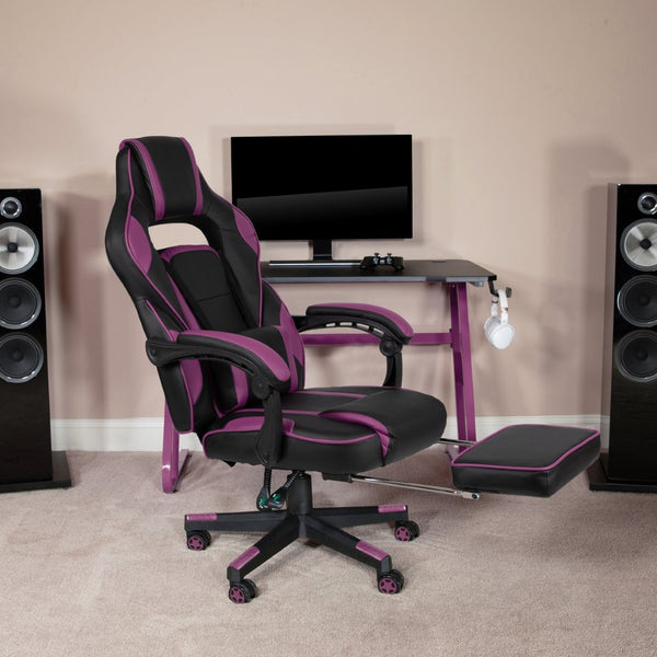 English Elm X40 Gaming Chair - Ergonomic Comfort with Reclining Design, Massaging Lumbar Support & Footrest Black with Purple Trim CH-00288-PR-GG