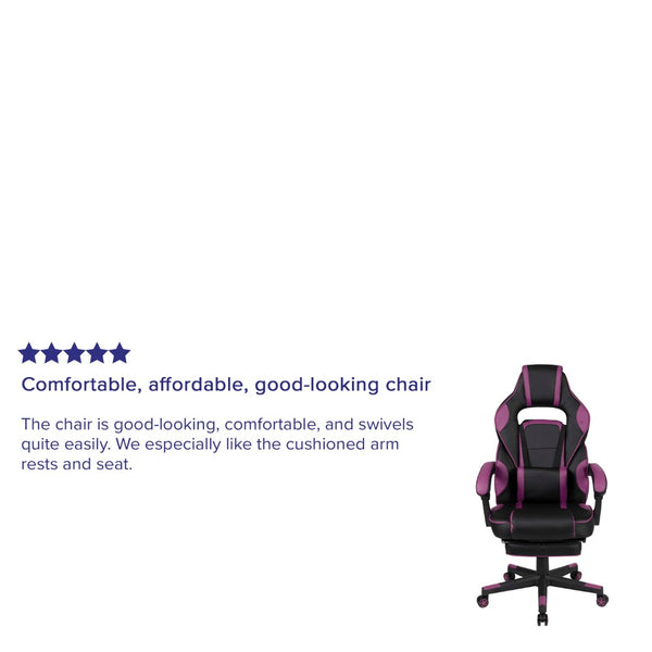 English Elm X40 Gaming Chair - Ergonomic Comfort with Reclining Design, Massaging Lumbar Support & Footrest Black with Purple Trim CH-00288-PR-GG