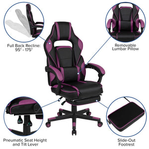 English Elm X40 Gaming Chair - Ergonomic Comfort with Reclining Design, Massaging Lumbar Support & Footrest Black with Purple Trim CH-00288-PR-GG
