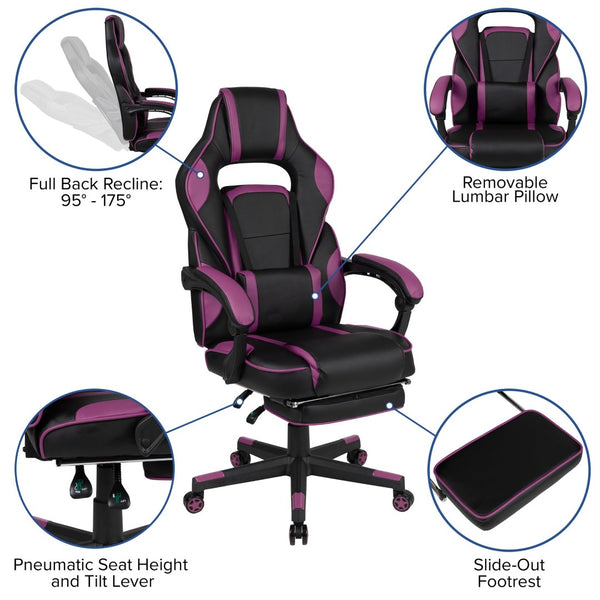 English Elm X40 Gaming Chair - Ergonomic Comfort with Reclining Design, Massaging Lumbar Support & Footrest Black with Purple Trim CH-00288-PR-GG
