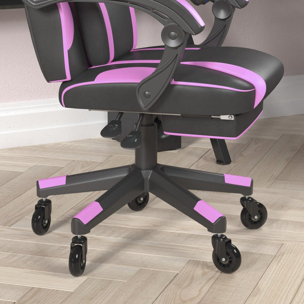 English Elm X40 Gaming Chair with Ergonomic Design, Fully Reclining Back, USB Massaging Pillow & Smooth Wheels Black with Purple Trim CH-00288-PR-RLB-GG
