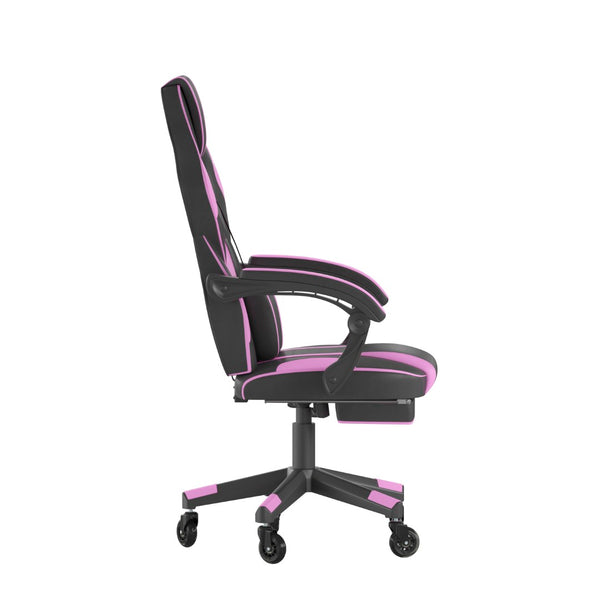 English Elm X40 Gaming Chair with Ergonomic Design, Fully Reclining Back, USB Massaging Pillow & Smooth Wheels Black with Purple Trim CH-00288-PR-RLB-GG