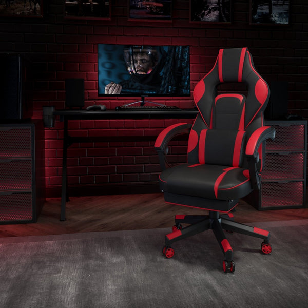 English Elm X40 Gaming Chair - Ergonomic Comfort with Reclining Design, Massaging Lumbar Support & Footrest Black with Red Trim CH-00288-RED-GG