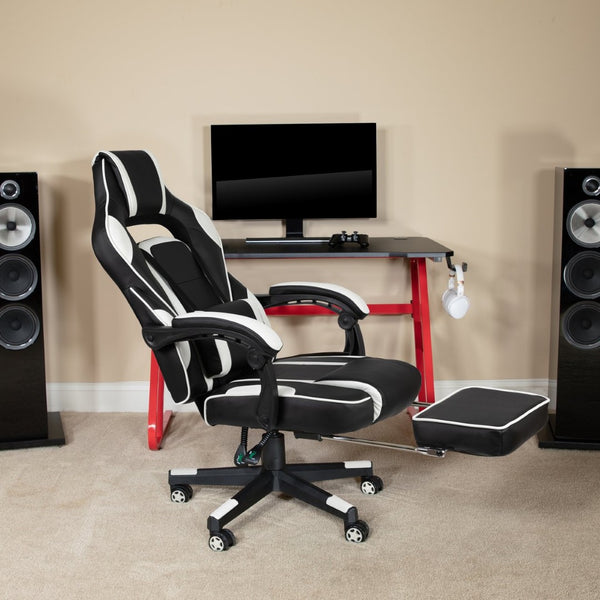 English Elm X40 Gaming Chair - Ergonomic Comfort with Reclining Design, Massaging Lumbar Support & Footrest Black with White Trim CH-00288-WH-GG