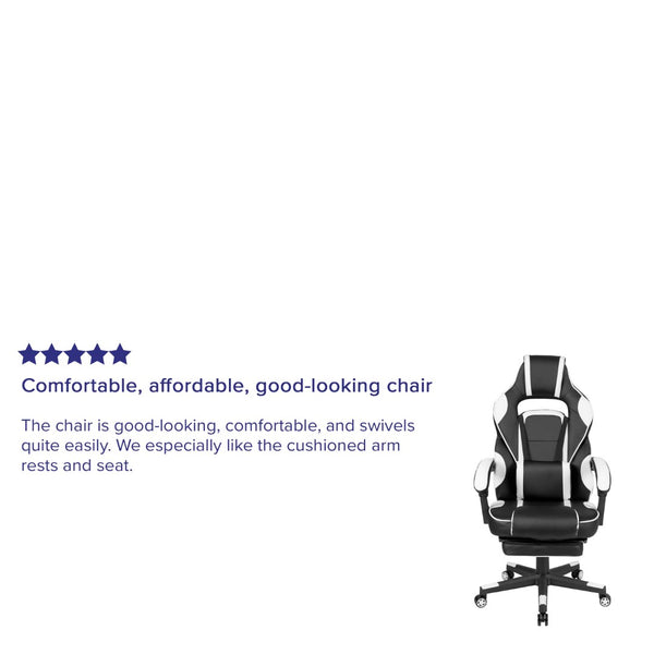 English Elm X40 Gaming Chair - Ergonomic Comfort with Reclining Design, Massaging Lumbar Support & Footrest Black with White Trim CH-00288-WH-GG