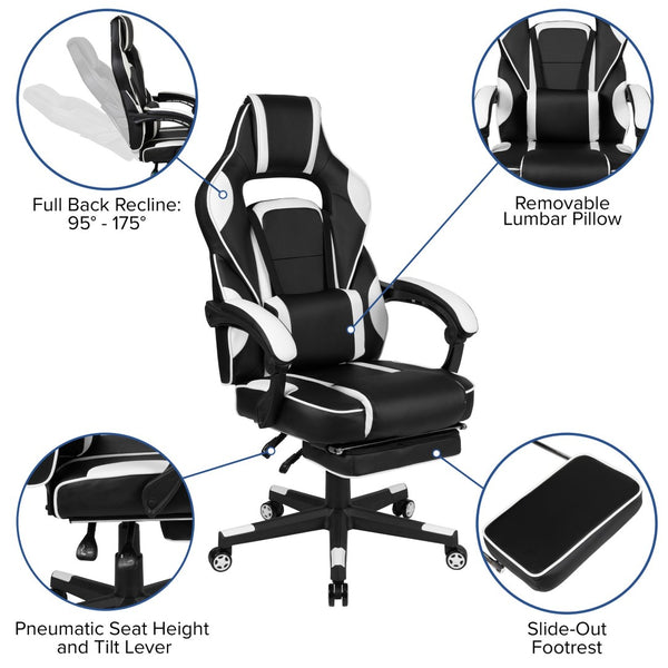 English Elm X40 Gaming Chair - Ergonomic Comfort with Reclining Design, Massaging Lumbar Support & Footrest Black with White Trim CH-00288-WH-GG