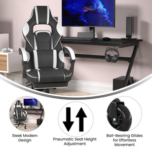 English Elm X40 Gaming Chair with Ergonomic Design, Fully Reclining Back, USB Massaging Pillow & Smooth Wheels Black with White Trim CH-00288-WH-RLB-GG
