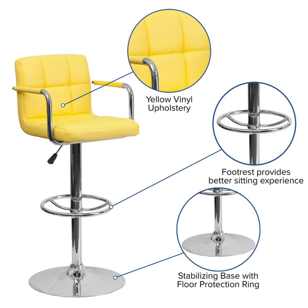 English Elm Genna Contemporary Quilted Vinyl Adjustable Barstool with Chrome Base for Modern Spaces and Comfort Yellow CH-102029-YEL-GG