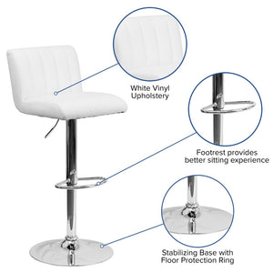 English Elm Genevieve Adjustable Height Barstool - Sleek White Vinyl with Chrome Base & Vertical Stitch Design CH-112010-WH-GG