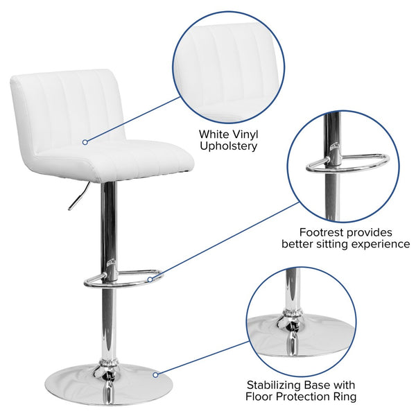 English Elm Genevieve Adjustable Height Barstool - Sleek White Vinyl with Chrome Base & Vertical Stitch Design CH-112010-WH-GG