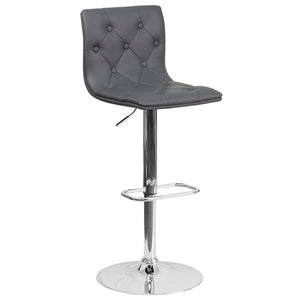 English Elm Sammie Contemporary Button Tufted Vinyl Adjustable Barstool with Chrome Base for Modern Spaces Gray CH-112080-GY-GG