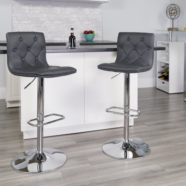 English Elm Sammie Contemporary Button Tufted Vinyl Adjustable Barstool with Chrome Base for Modern Spaces Gray CH-112080-GY-GG