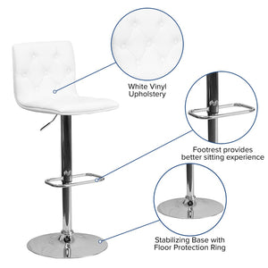 English Elm Sammie Contemporary Button Tufted Vinyl Adjustable Barstool with Chrome Base for Modern Spaces White CH-112080-WH-GG