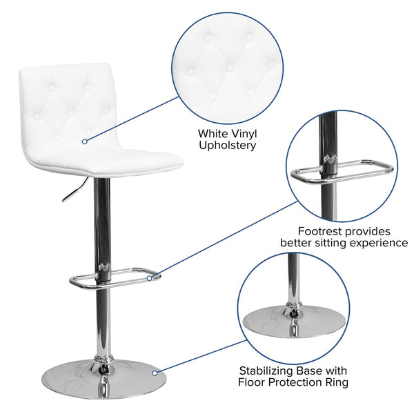 English Elm Sammie Contemporary Button Tufted Vinyl Adjustable Barstool with Chrome Base for Modern Spaces White CH-112080-WH-GG