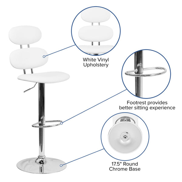 English Elm Dexter Adjustable Height Barstool - White Vinyl with Modern Ellipse Back & Chrome Base for Comfort CH-112280-WH-GG