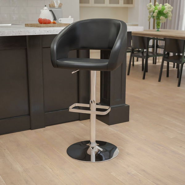English Elm Erik Contemporary Adjustable Height Barstool with Rounded Mid-Back for Modern Kitchen Spaces Black Vinyl/Chrome Frame CH-122070-BK-GG