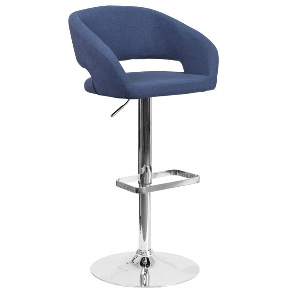 English Elm Erik Contemporary Adjustable Height Barstool with Rounded Back, Chrome Base for Modern Spaces Blue Fabric/Chrome Frame CH-122070-BLFAB-GG