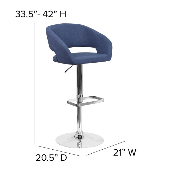 English Elm Erik Contemporary Adjustable Height Barstool with Rounded Back, Chrome Base for Modern Spaces Blue Fabric/Chrome Frame CH-122070-BLFAB-GG