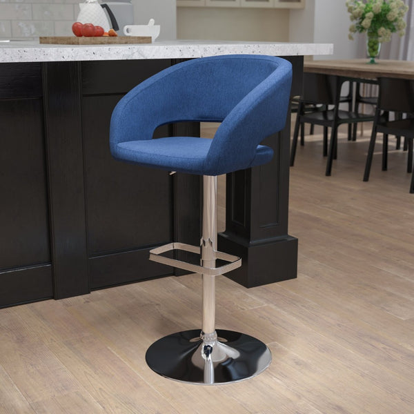 English Elm Erik Contemporary Adjustable Height Barstool with Rounded Back, Chrome Base for Modern Spaces Blue Fabric/Chrome Frame CH-122070-BLFAB-GG