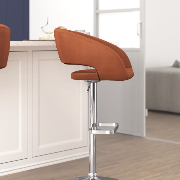 English Elm Erik Contemporary Adjustable Height Barstool with Rounded Mid-Back for Modern Kitchen Spaces Cognac Vinyl/Chrome Frame CH-122070-BR-GG