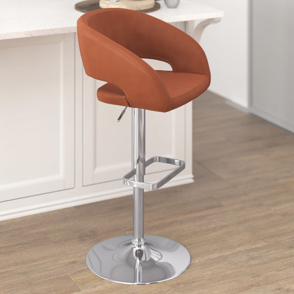 English Elm Erik Contemporary Adjustable Height Barstool with Rounded Mid-Back for Modern Kitchen Spaces Cognac Vinyl/Chrome Frame CH-122070-BR-GG