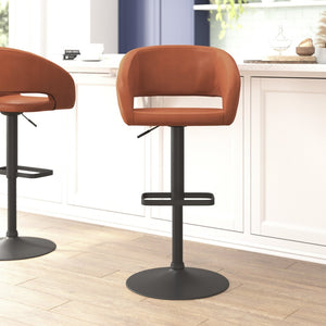English Elm Erik Contemporary Adjustable Height Barstool with Rounded Mid-Back for Modern Kitchen Spaces Cognac Vinyl/Black Frame CH-122070-BRBK-GG