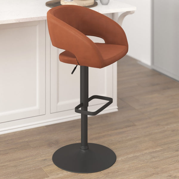 English Elm Erik Contemporary Adjustable Height Barstool with Rounded Mid-Back for Modern Kitchen Spaces Cognac Vinyl/Black Frame CH-122070-BRBK-GG
