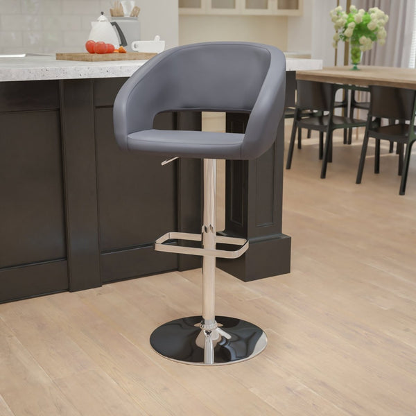 English Elm Erik Contemporary Adjustable Height Barstool with Rounded Mid-Back for Modern Kitchen Spaces Gray Vinyl/Chrome Frame CH-122070-GY-GG